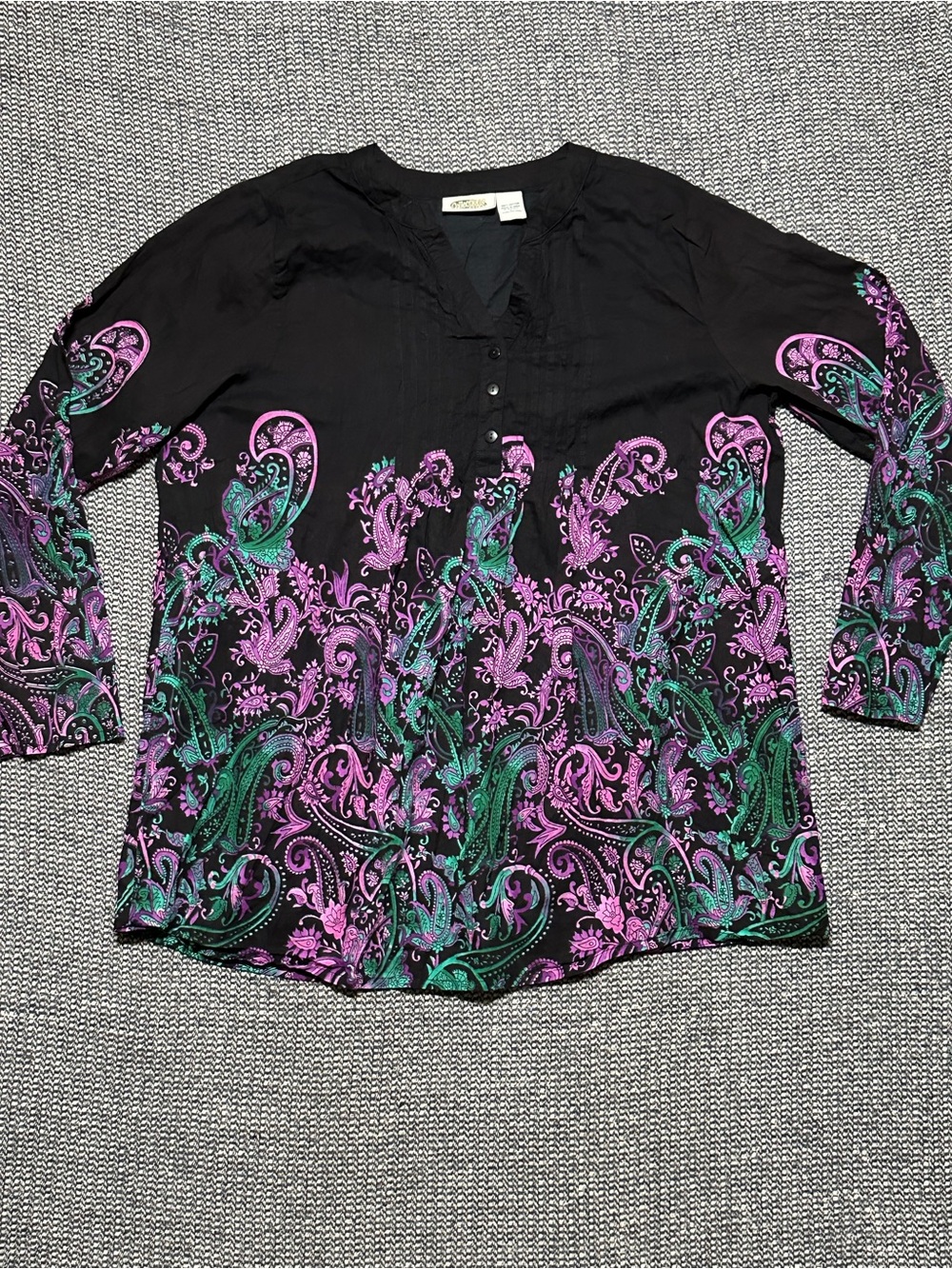 Black Paisley Print Women's Blouse with Purple & Green Accents